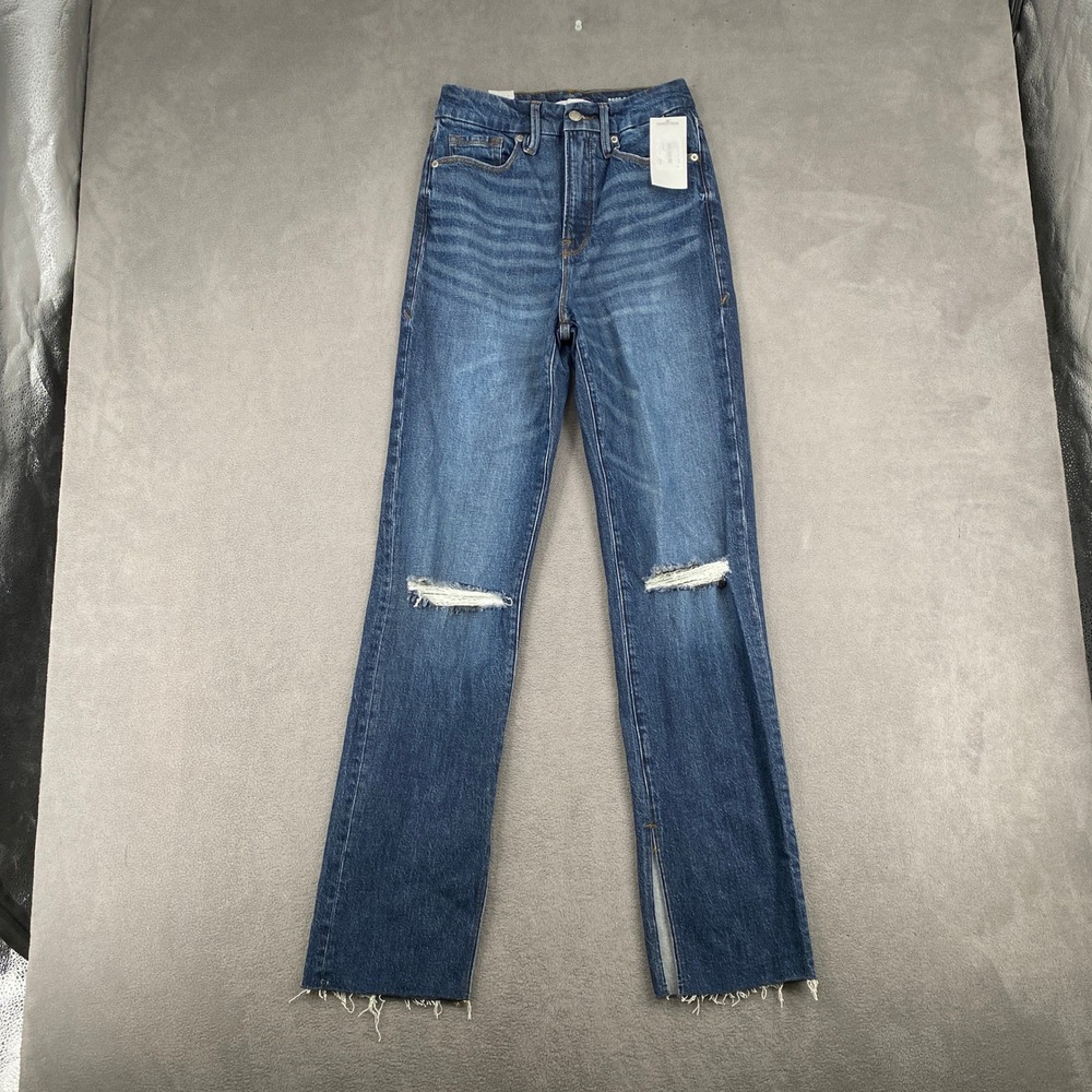 Good American Good Boy Straight Super High Rise Distressed Jeans Blue 0/25 NEW